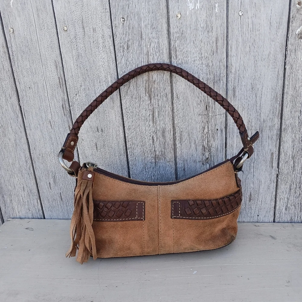 Vtg 395 Fossil Hobo Handbag Bag Suede and Braided Leather Tassle Y2K - Picture 1 of 16